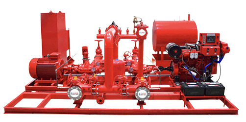 UL-listed fire pump set with electric, diesel, and jockey pumps.